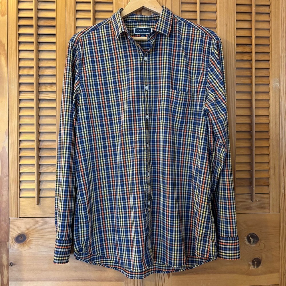 Club Room Men's Blue and Yellow Plaid Shirt